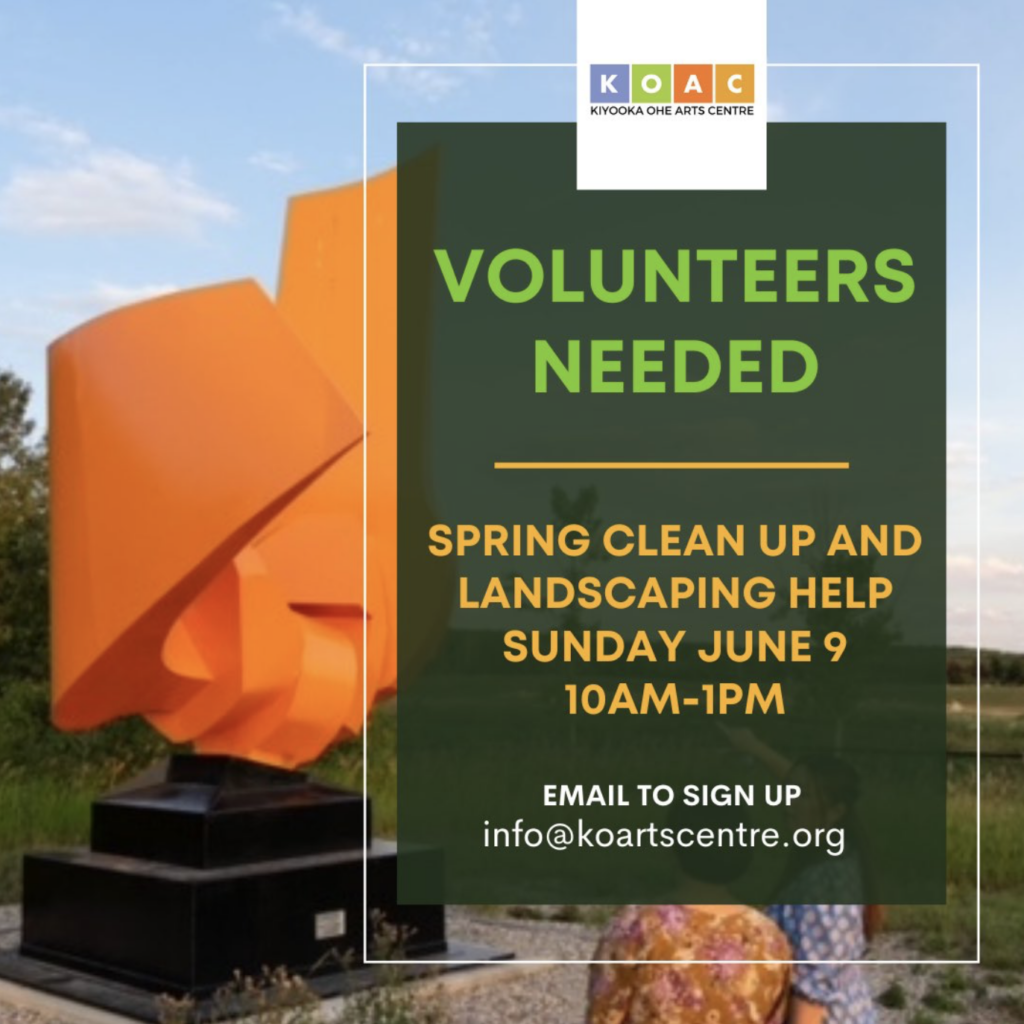 Graphic to promote Kiyooka Ohe Arts Centre's call for volunteers for spring clean up.