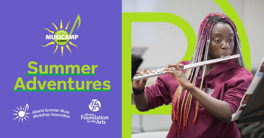 Graphic for Musicamp summer adventures camp with a performer playing a flute.