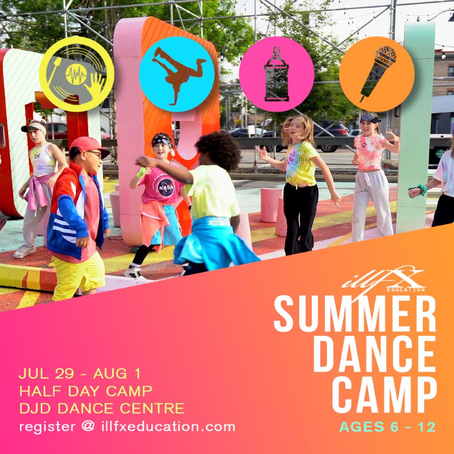 Colourful graphic to promote illFX's summer dance camp from July 29 to August 1, 2024