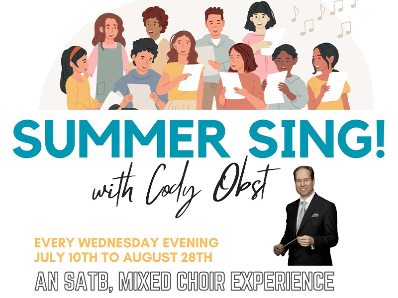 A poster for Cody Obst's Summer Sing showing multiple illustrated members of a choir