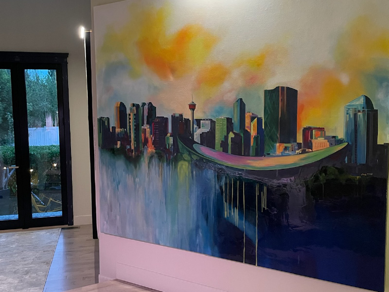 Painting of Calgary skyline in a lobby