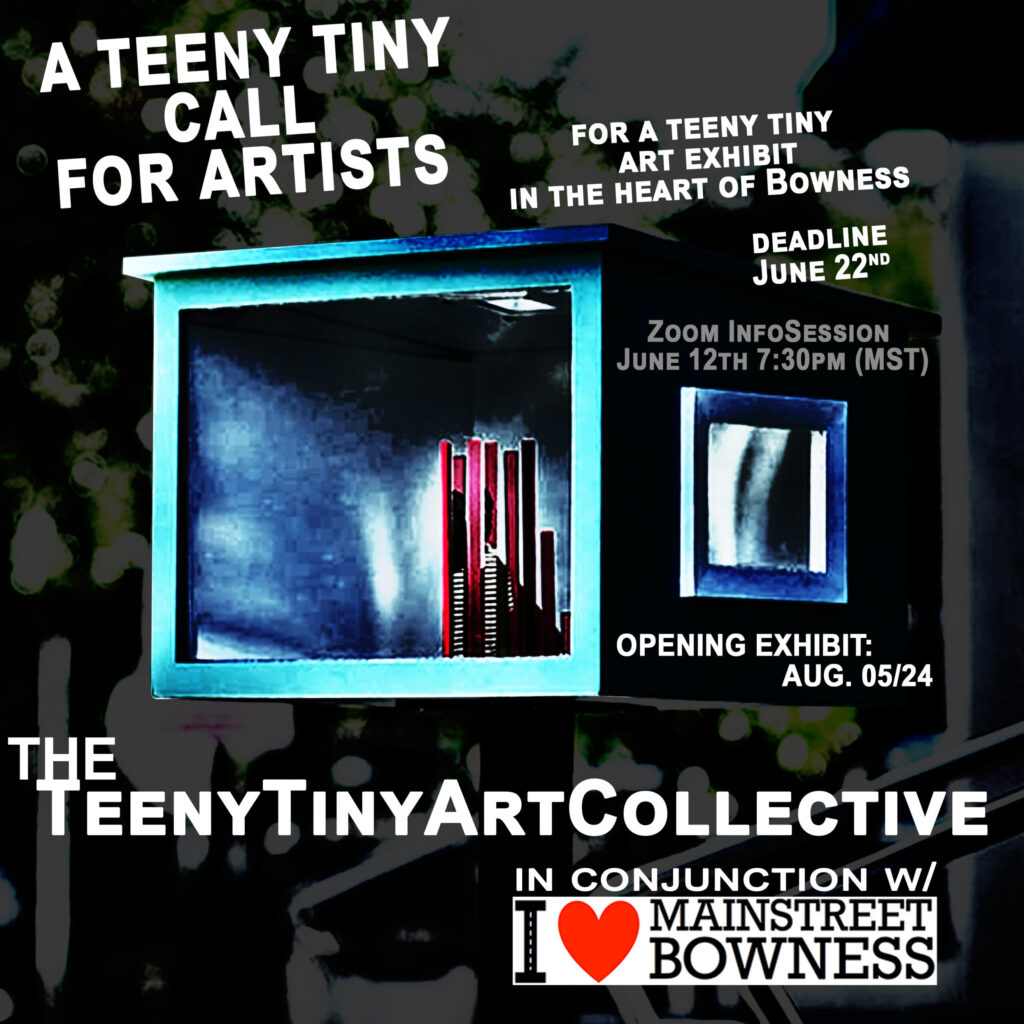 Dark graphic to promote A Teeny Tiny Call for Artists' call for exhibiters on August 5, 2024.
