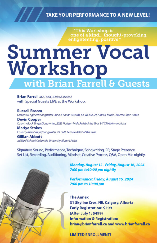 Graphic sheet with details about Brian Farrell & Guests' Summer Vocal Workshop starting August 12, 2024