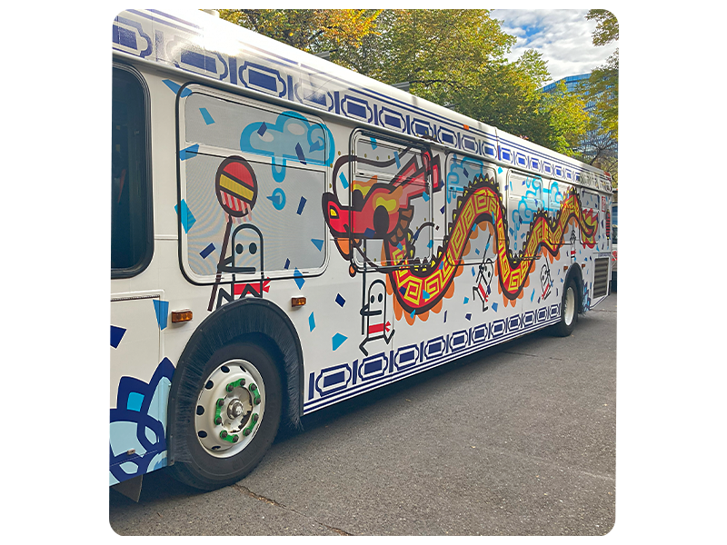 City of Calgary bus with ArtBus public art. Artwork by art by Rawry & Pohly