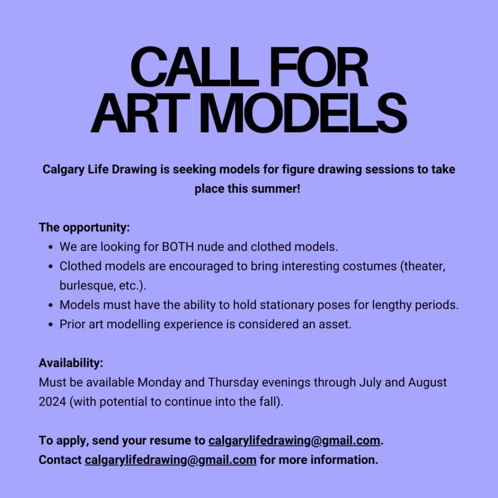 Lilac coloured graphic, to promote Calgary Life Drawing's call for art models