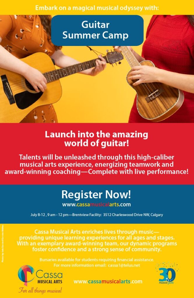 Graphic to promote the Cassa Musical Arts summer camp for guitar. July 8 to 12, 2024. Register now at www.cassamusicalarts.com