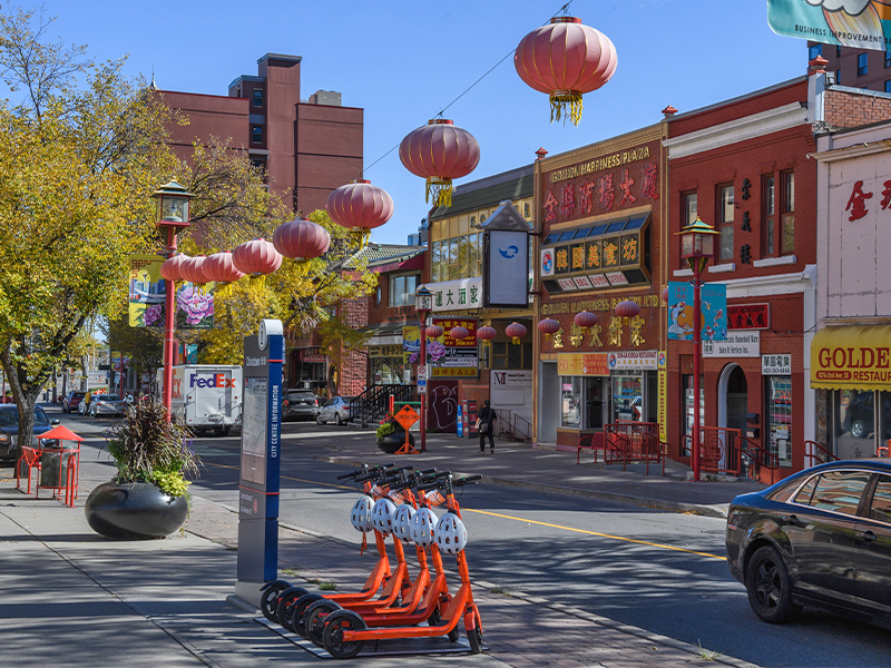 A vibrant street in Calgary's Chinatown.