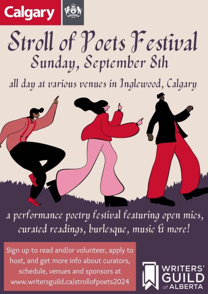 Graphic poster by The City of Calgary and the Writers Guild of Alberta for volunteers for the Stroll of Poets Festival, on Sunday, September 8, 2024