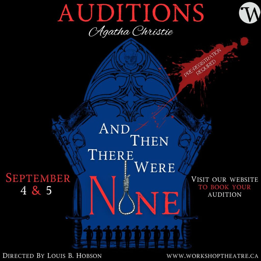 Graphic for Workshop Theatre Society's production of Agatha Christie's And Then There Were None, holding auditions September 4 & 5, 2024