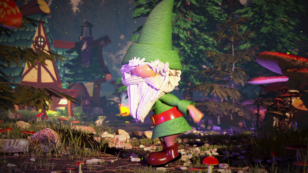 A film still of an animated gnome with a white beard and a green pointy hat