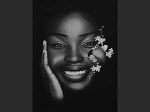 A black-and-white hyperrealist drawing of a person face with a hand on their cheek and a part of their cheek detached from face with flowers coming out of it, by Alexander Akhere Oriaifo