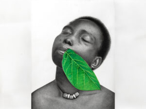 A black-and-white hyperrealist drawing of a person with a green leaf in their mouth, by Alexander Akhere Oriaifo