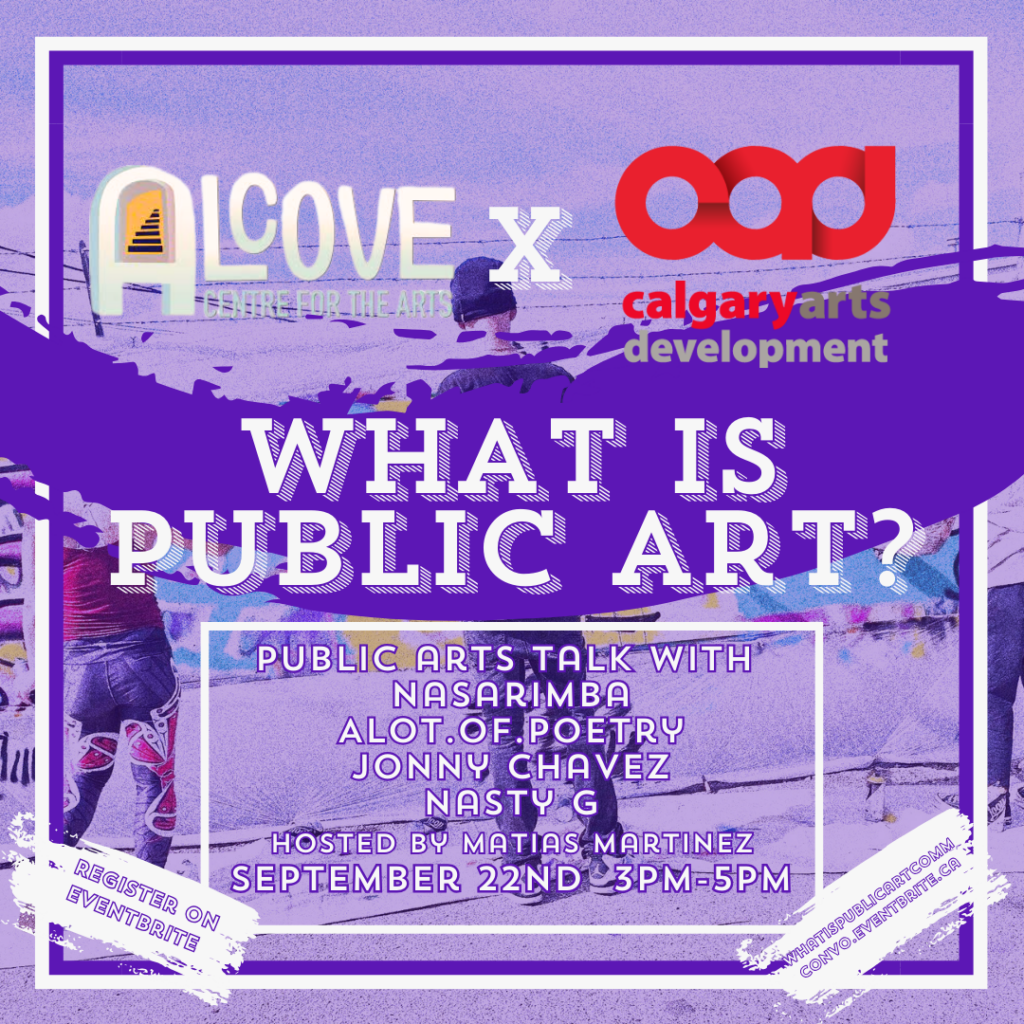 Graphic announcing What is Public Art Community Conversation at Alcove on September 22, 2024