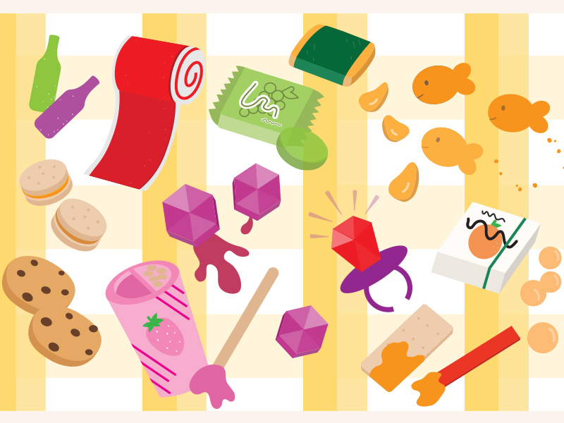 Digital artwork by Jessica Cheng, featuring a colourful array of snacks and treats.