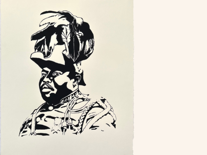 Black-and-white silkscreen print by Kamika Bianca Guerra-Walker of Marcus Garvey in a feathered military hat.