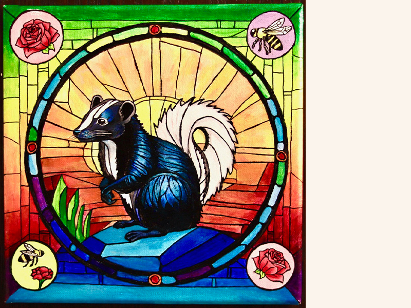 Acrylic artwork by Kari Brigden, stained glass-style, of a skunk surrounded by floral and insect details.