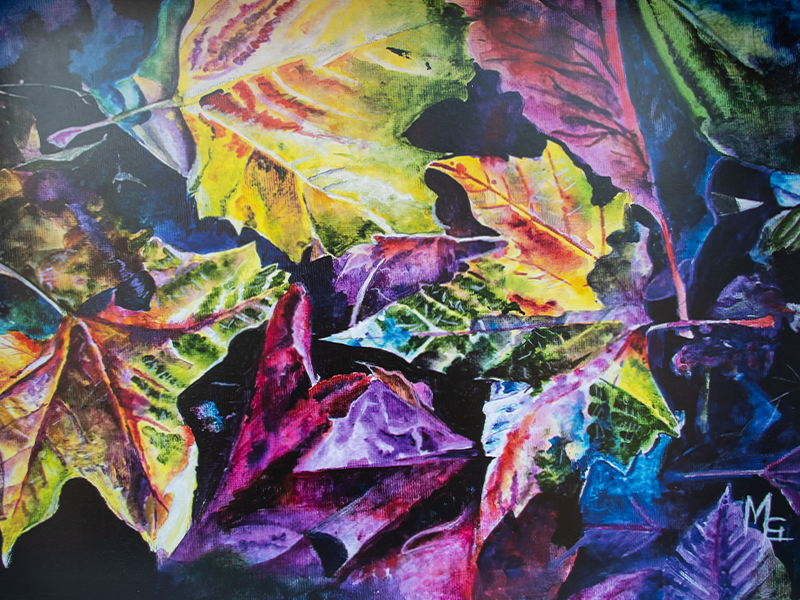 Acrylic on canvas painting by Meenakshi Girdhar displaying a collection of colorful fall leaves in shades of purple, yellow, green, and red.