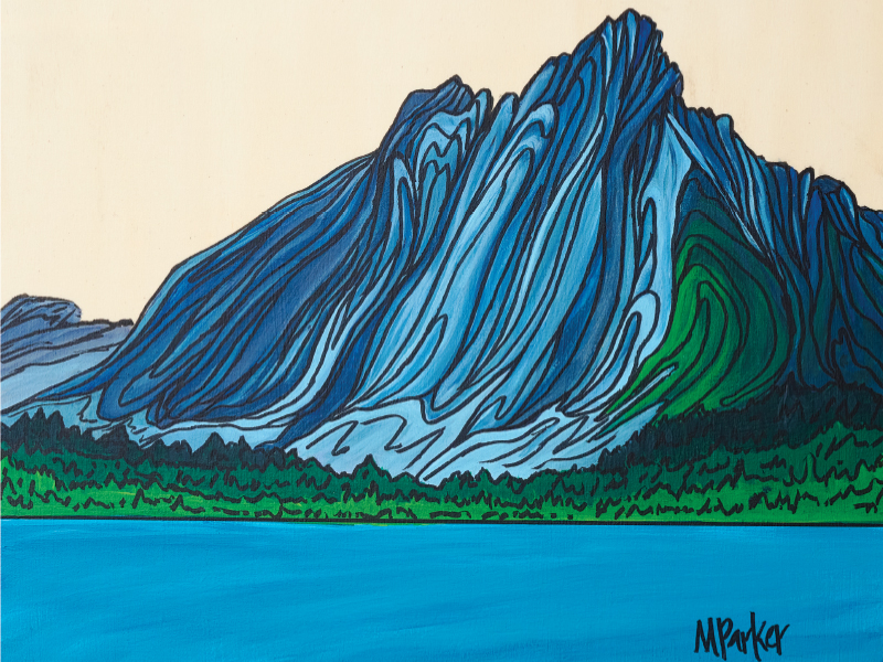 Acrylic on wood panel artwork by Megan Parker displaying a landscape of a mountain by a lake.

