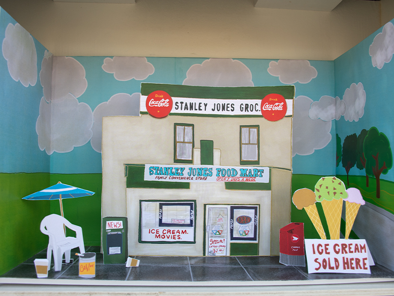 Digital drawing print layered into diorama style artwork by Rachel Kolodychuk of a small grocery store scene.