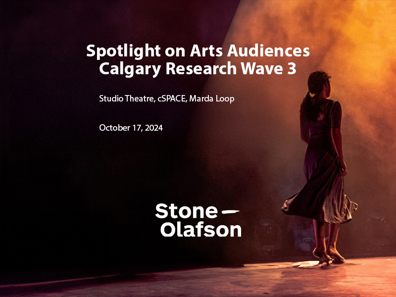 Graphic for Stone Olafson event on October 17, 2024 for the Spotlight on Arts Audiences, Calgary Research, Wave 3