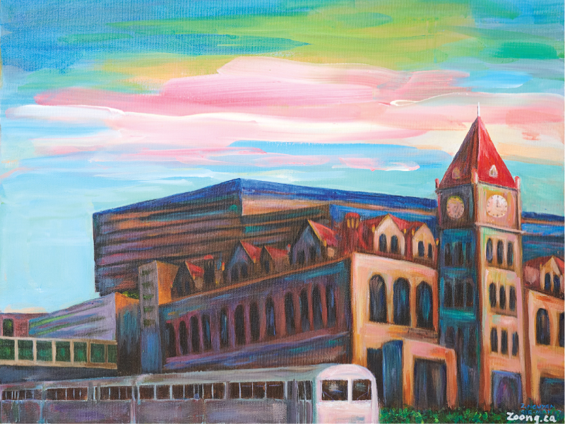 Acrylic artwork by Zoong Nguyen of a vibrant cityscape of Calgary city hall at sunset.