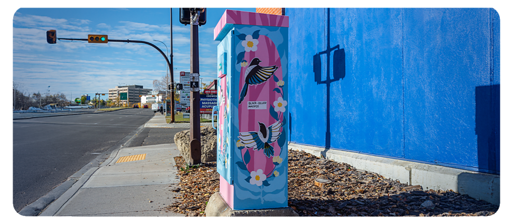 A utility box painted with colourful birds and flowers at a street intersection.