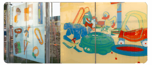 A digital reproduction of artwork by Adam Schwartz at a BRT station