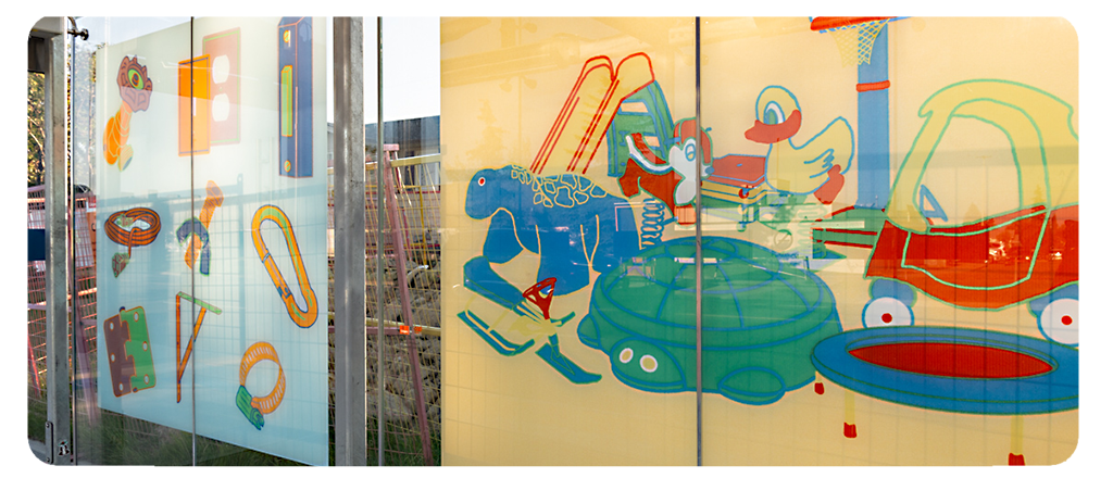 A digital reproduction of artwork by Adam Schwartz at a BRT station