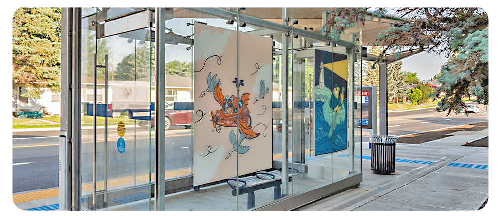 A digital reproduction of artwork by Jarett Sitter at a BRT station