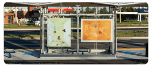 A digital reproduction of artwork by Jasneet Pritam and Alexandra Jaco at a BRT station