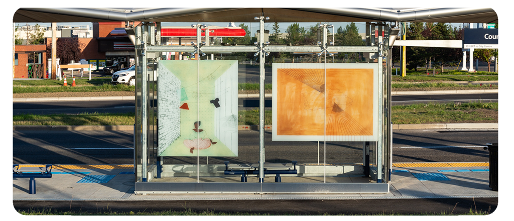 A digital reproduction of artwork by Jasneet Pritam and Alexandra Jaco at a BRT station