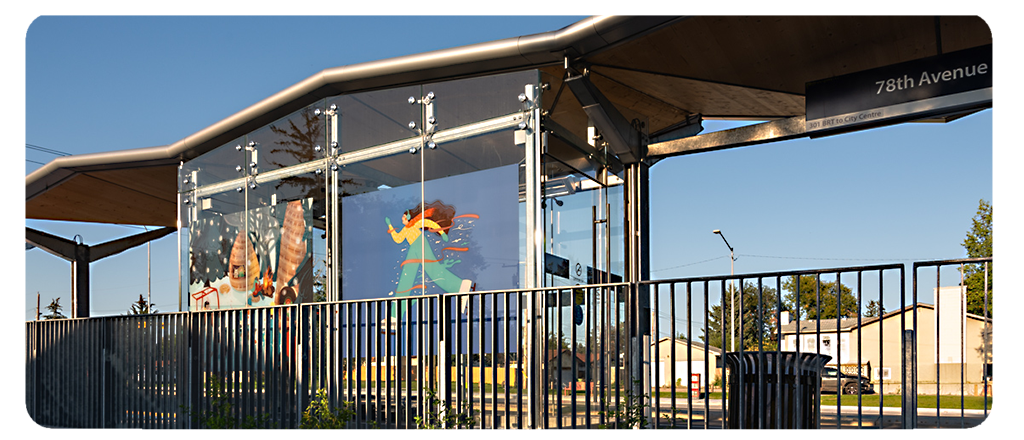 A digital reproduction of artwork by Lisette Febrero and Samantha Haslam at a BRT station