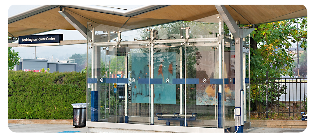 A digital reproduction of artwork by Mary Haasdyk at a BRT station