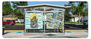 A digital reproduction of artwork by Sarah Slaughter at a BRT station