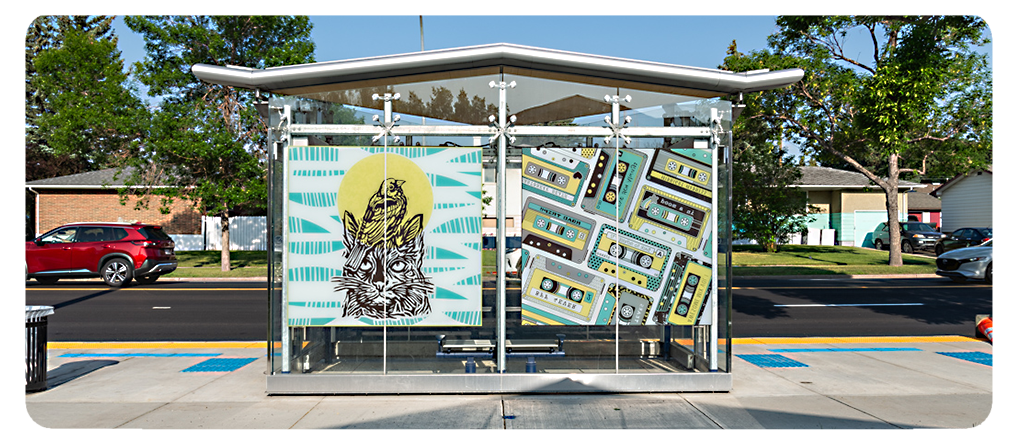 A digital reproduction of artwork by Sarah Slaughter at a BRT station