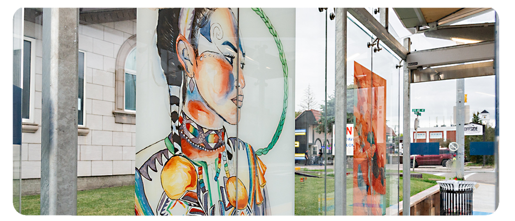 A digital reproduction of artwork by Leann Gomez and Nicole Wolf at a BRT station
