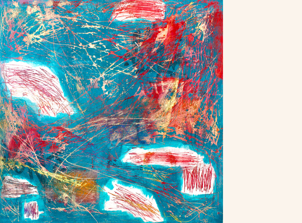 Abstract artwork with red, white, and yellow scratch marks over a blue background.