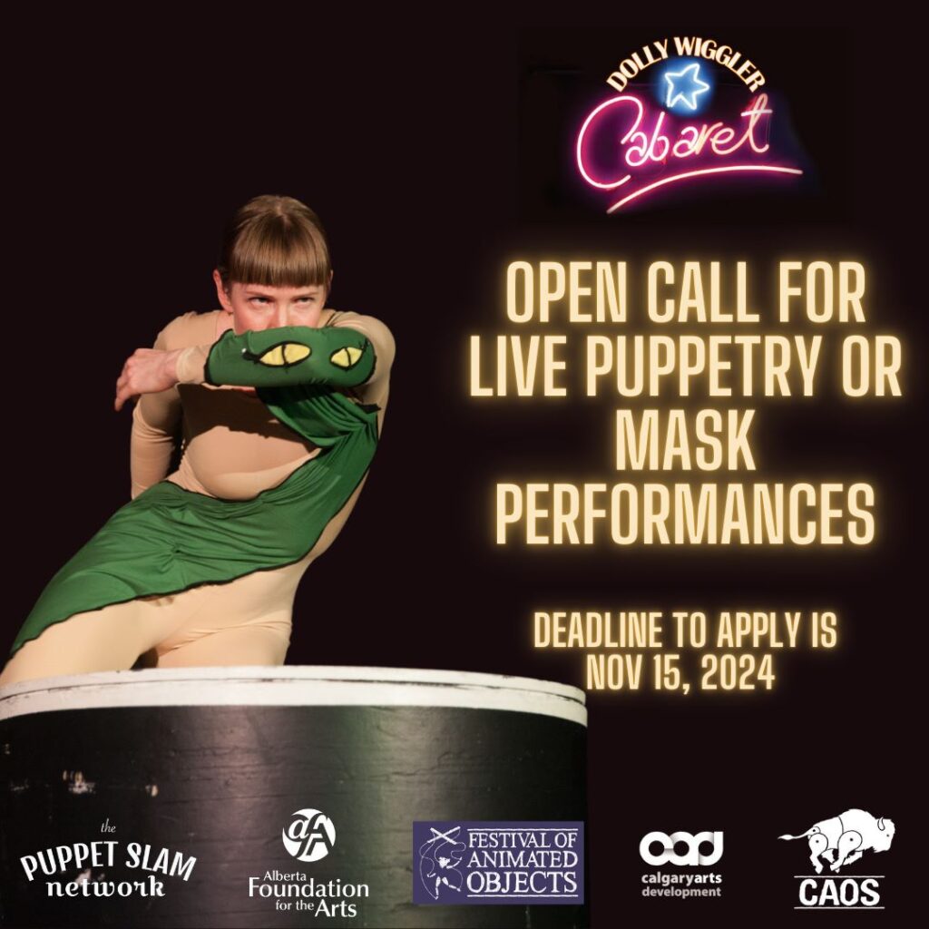 Graphic from the Dolly Wiggler Cabaret open call for live puppetry or mask performances, Festival of Animated Objects