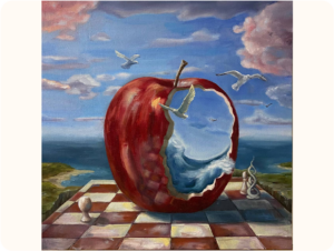 A painting featuring a large red apple with a bite taken out, revealing an ocean scene inside. Waves crash within the apple, and seagulls are flying both inside and outside the apple. The background includes a blue sky with clouds and a horizon of land and sea. The apple is on a red-and-white checkered platform, with abstract objects like a twisted vine and a chess piece.