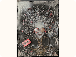 Mixed-media artwork featuring a textured face with red lips, wearing abstract goggles and earphones. The head is surrounded by swirling, vine-like strands with small red objects, wires, and mechanical elements on it. A red cassette tape is on the lower left side of the piece.