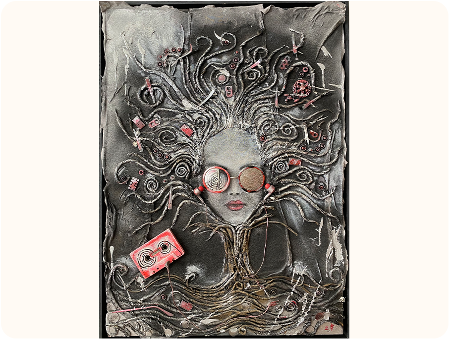 Mixed-media artwork featuring a textured face with red lips, wearing abstract goggles and earphones. The head is surrounded by swirling, vine-like strands with small red objects, wires, and mechanical elements on it. A red cassette tape is on the lower left side of the piece.