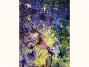 An abstract painting featuring swirls and textures in shades of purple, yellow, green, and blue. The painting is layered with intricate patterns resembling crumpled fabric forms.