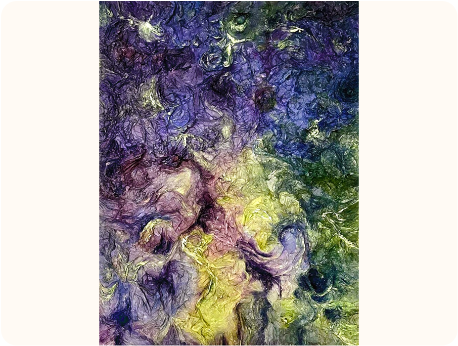 An abstract painting featuring swirls and textures in shades of purple, yellow, green, and blue. The painting is layered with intricate patterns resembling crumpled fabric forms.