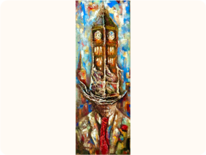 Artwork of a colourful clock tower that appears as the top part of a person's head.