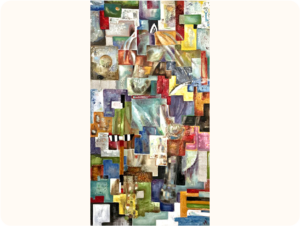 A collage painting featuring overlapping rectangular shapes in various colours and textures. Some of the rectangular panels reveal fragments of a horse's head and other abstract shapes.