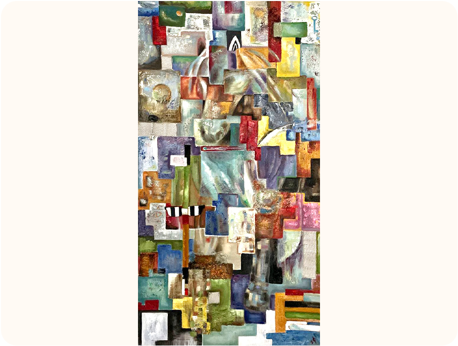 A collage painting featuring overlapping rectangular shapes in various colours and textures. Some of the rectangular panels reveal fragments of a horse's head and other abstract shapes.