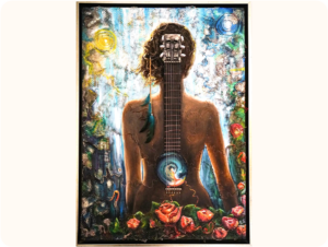 A mixed-media artwork showing a figure with a guitar forming part of their body. The guitar neck goes upward, with roses and vines at the bottom. The background has abstract shapes, a sun, and a blue circle. A feather hangs on the side of the person’s hair.