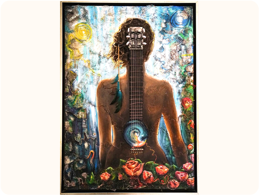 A mixed-media artwork showing a figure with a guitar forming part of their body. The guitar neck goes upward, with roses and vines at the bottom. The background has abstract shapes, a sun, and a blue circle. A feather hangs on the side of the person’s hair.