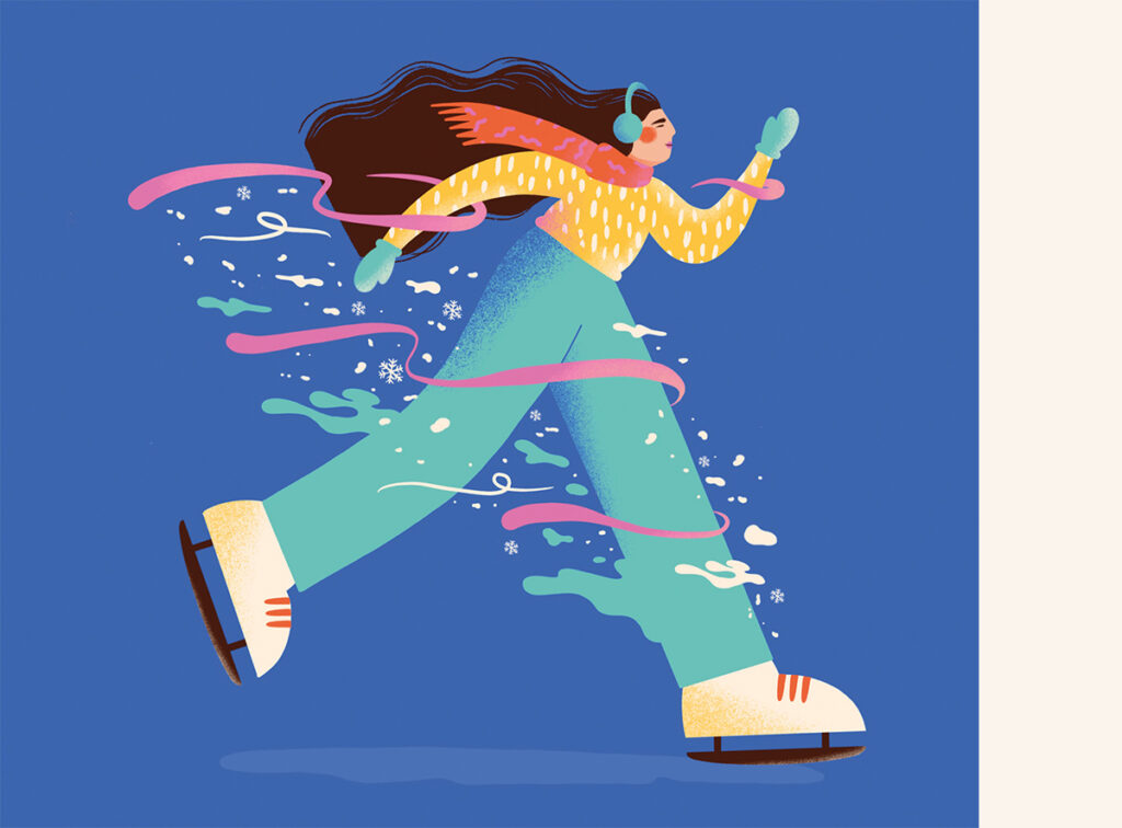 An illustration of a person ice skating on a blue background, wearing a yellow sweater, blue pants, a pink scarf, and headphones.
