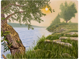 A landscape painting displaying a lakeside with a tree in the foreground, grassy terrain, and scattered rocks along the shore. The sun is partially visible.